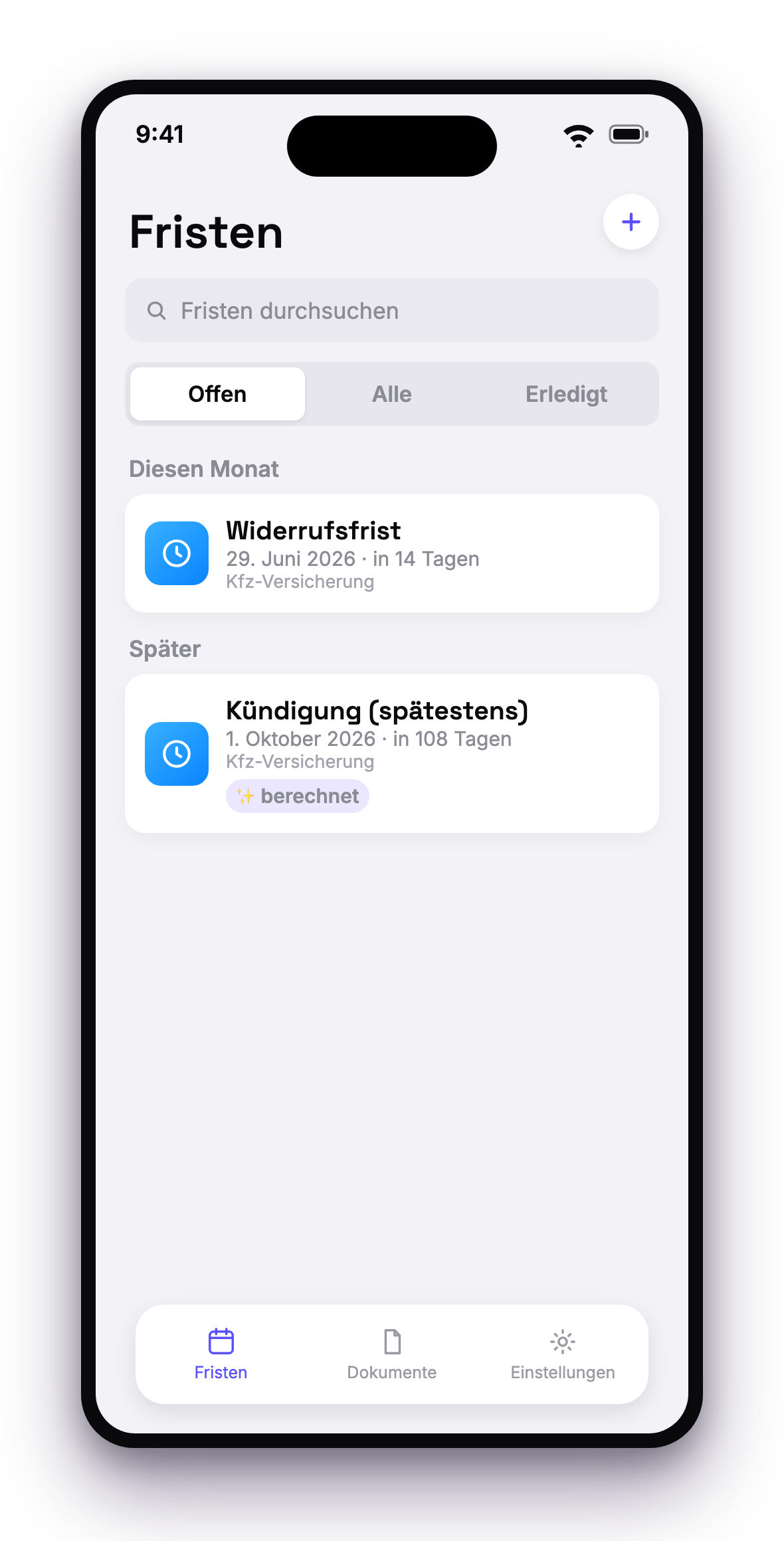 FristenManager – erkannte Fristen im Überblick auf dem iPhone