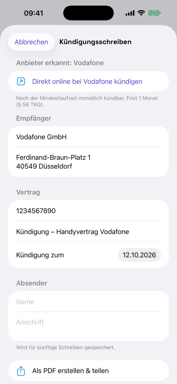 Kündigungs-Assistent: Anbieter Vodafone erkannt, Adresse und Kündigungslink vorbereitet