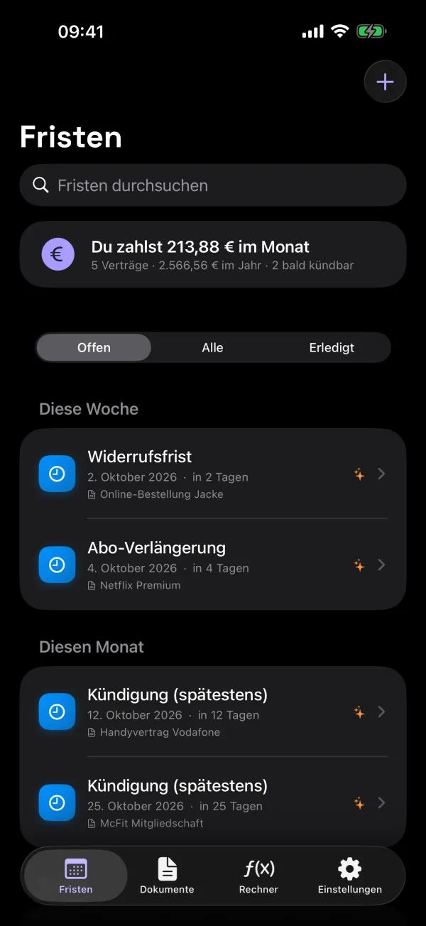 Fristen-Übersicht im Dark Mode mit Kostenkarte