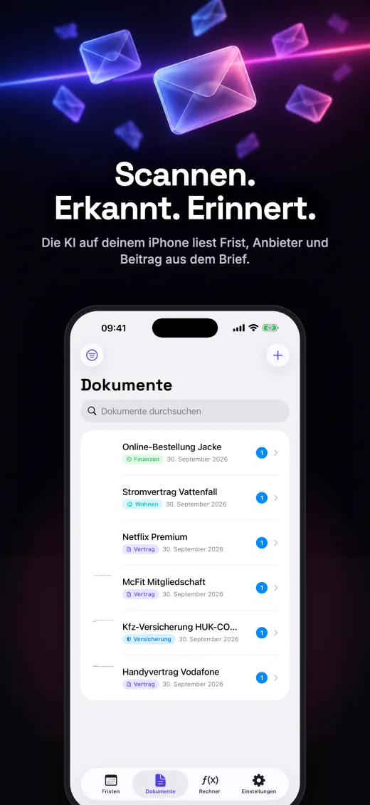 Scannen, erkannt, erinnert: KI liest Frist, Anbieter und Beitrag